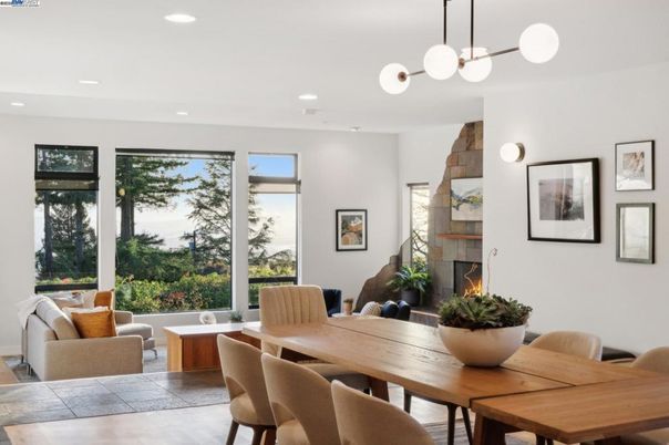 Dining room, Fireplace, Interior, Living room, Pendant Lights, Recessed Lighting
