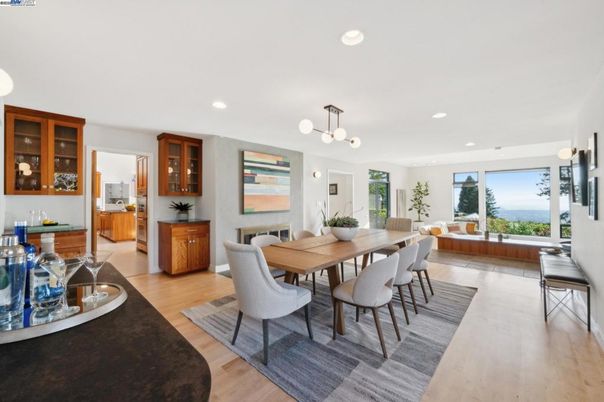 Dining room, Interior, Living room, Pendant Lights, Recessed Lighting, Wood Texture Flooring