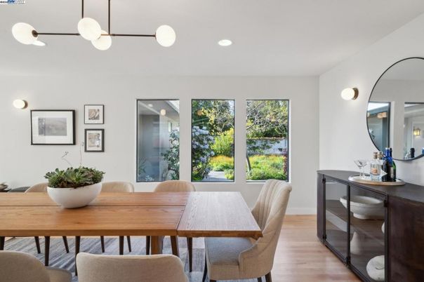 Dining room, Interior, Pendant Lights, Recessed Lighting, Wood Texture Flooring