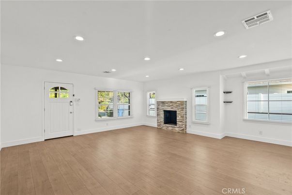 Empty room, Fireplace, Interior, Recessed Lighting, Wood Texture Flooring
