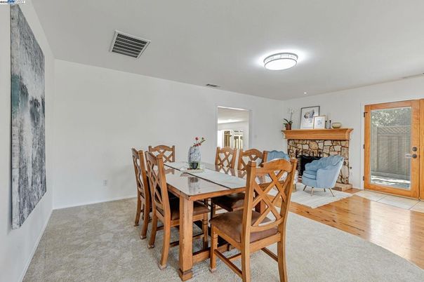 Dining room, Fireplace, Interior, Wood Texture Flooring