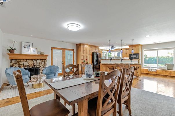 Dining room, Fireplace, Interior, Kitchen, Living room, Pendant Lights, Recessed Lighting, Wood Texture Flooring