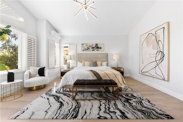 Bedroom, Interior, Pendant Lights, Wood Texture Flooring