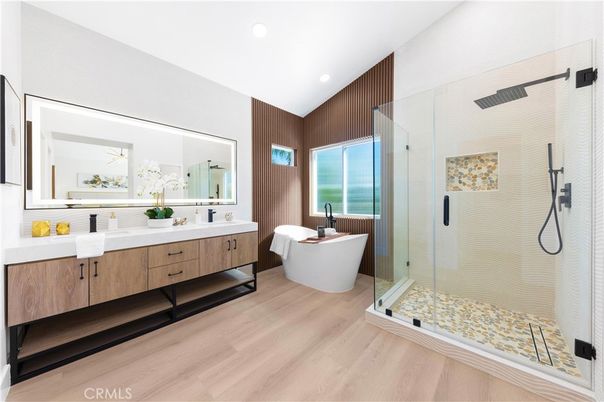 Bathroom, Dual Sink Vanities, Free Standing Baths, Glass Shower, Interior, Recessed Lighting, Wood Texture Flooring, Wooden Walls
