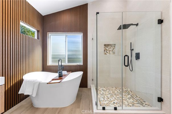 Bathroom, Free Standing Baths, Glass Shower, Interior, Wood Texture Flooring