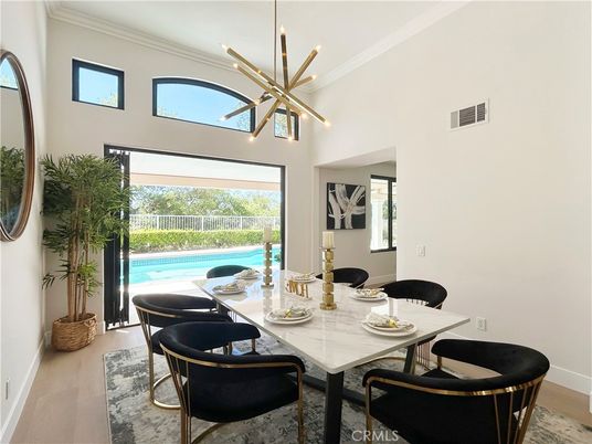 Dining room, Interior, Pendant Lights, Wood Texture Flooring
