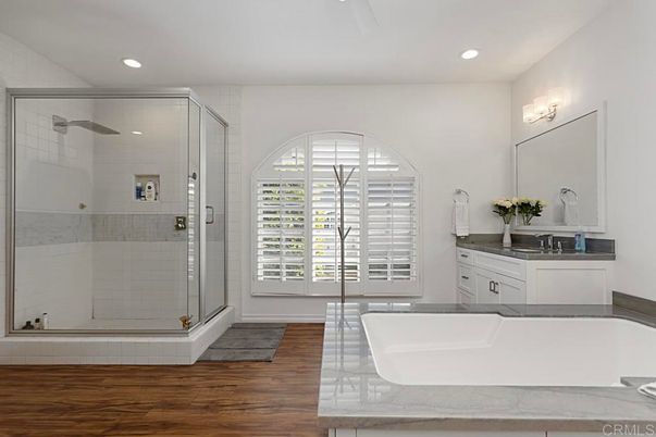 Bathroom, Glass Shower, Interior, Recessed Lighting, Wood Texture Flooring