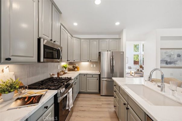 Interior, Kitchen, Recessed Lighting, Stainless Steel Appliances, Wood Texture Flooring