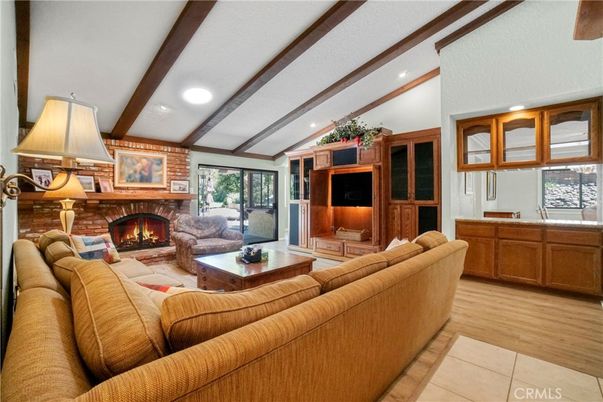 Fireplace, Interior, Living room, Recessed Lighting, Stone Walls, Wooden Beams, Wood Texture Flooring