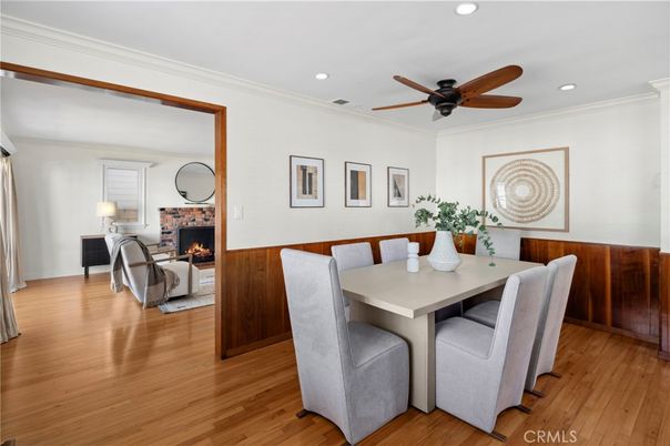 Dining room, Fireplace, Interior, Living room, Recessed Lighting, Wood Texture Flooring