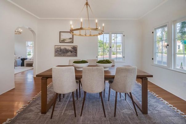 Chandelier, Dining room, Interior, Pendant Lights, Wood Texture Flooring