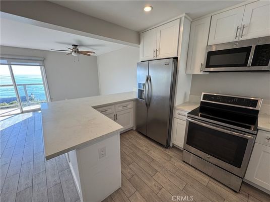 Interior, Kitchen, Recessed Lighting, Stainless Steel Appliances, Water, Wood Texture Flooring
