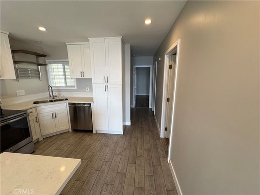 Interior, Kitchen, Recessed Lighting, Stainless Steel Appliances, Wood Texture Flooring