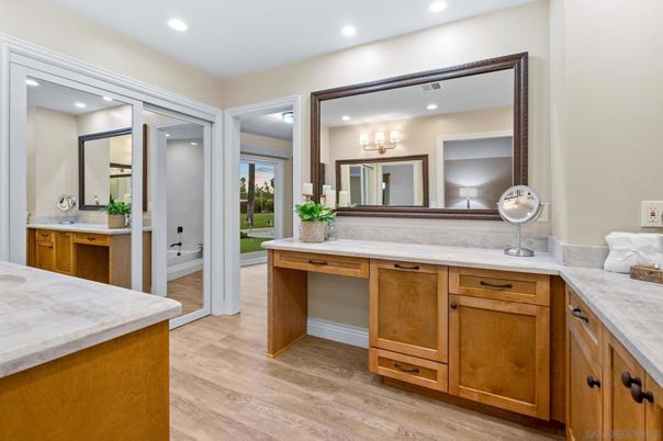 Bathroom, Dual Sink Vanities, Interior, Recessed Lighting, Wood Texture Flooring