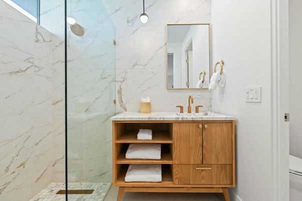Bathroom, Glass Shower, Interior, Marble Walls