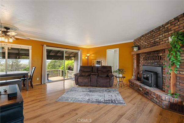Dining room, Fireplace, Interior, Living room, Stone Walls, Wood Texture Flooring