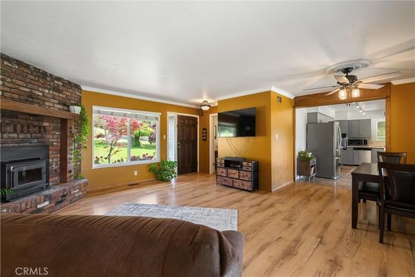 Fireplace, Interior, Kitchen, Stainless Steel Appliances, Stone Walls, Wood Texture Flooring
