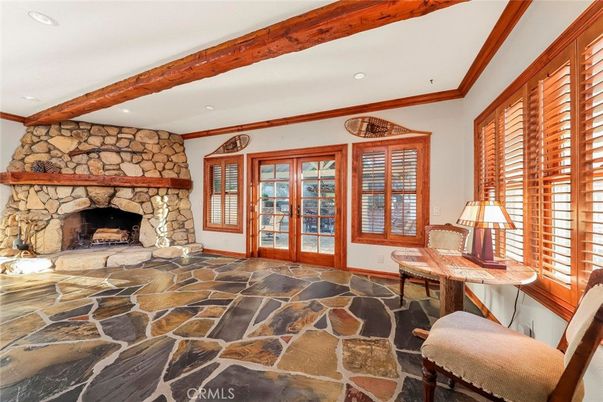 Fireplace, Interior, Recessed Lighting, Stone Walls, Wooden Beams