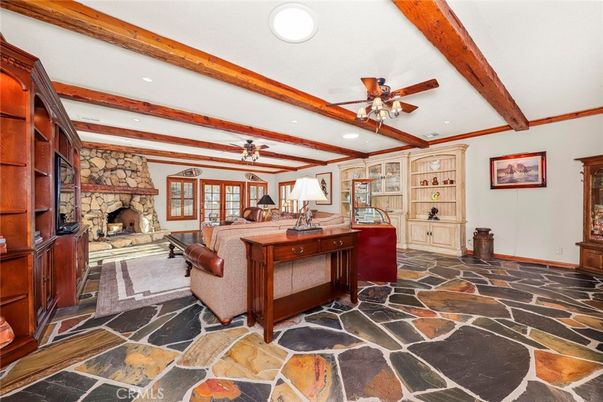 Fireplace, Interior, Recessed Lighting, Stone Walls, Wooden Beams