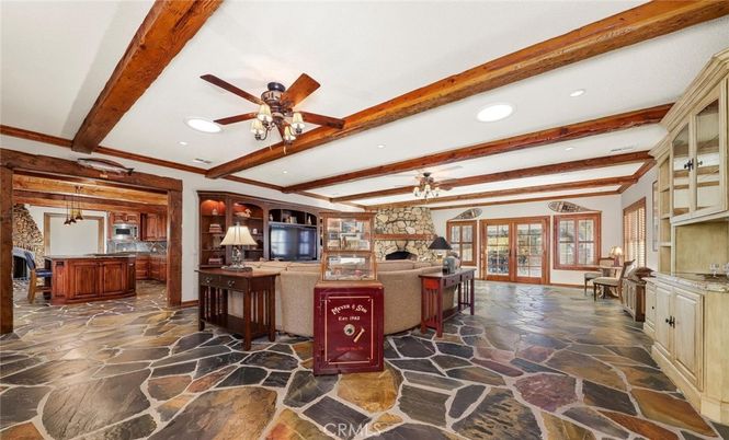 Fireplace, Interior, Recessed Lighting, Stone Walls, Wooden Beams