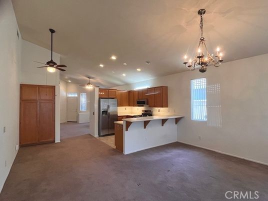 Chandelier, Empty room, Interior, Kitchen, Recessed Lighting, Stainless Steel Appliances