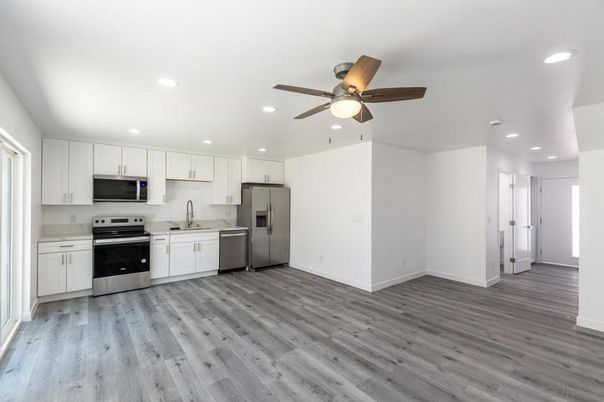 Interior, Kitchen, Recessed Lighting, Stainless Steel Appliances, Wood Texture Flooring