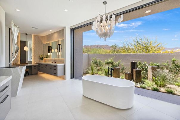 Bathroom, Dual Sink Vanities, Free Standing Baths, Interior, Pendant Lights, Recessed Lighting