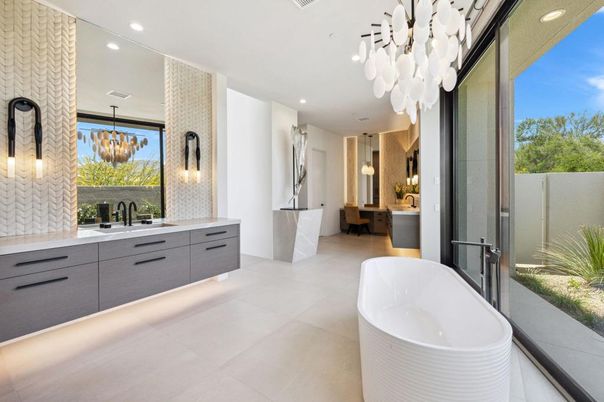 Bathroom, Chandelier, Dual Sink Vanities, Free Standing Baths, Interior, Pendant Lights, Recessed Lighting