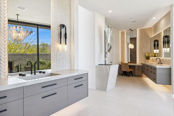 Bathroom, Dual Sink Vanities, Interior, Pendant Lights, Recessed Lighting