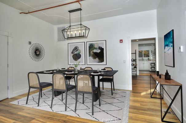 Dining room, Interior, Pendant Lights, Wood Texture Flooring
