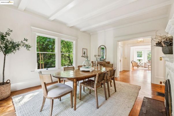 Dining room, Fireplace, Interior, Wood Texture Flooring