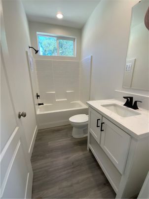 Bathroom, Dual Sink Vanities, Interior, Recessed Lighting, Wood Texture Flooring