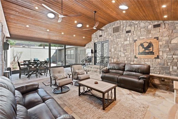 Dining room, Interior, Living room, Recessed Lighting, Stone Walls, Wooden Ceilings