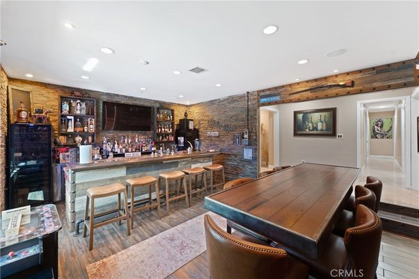 Dining room, Interior, Recessed Lighting, Stone Walls, Wood Texture Flooring