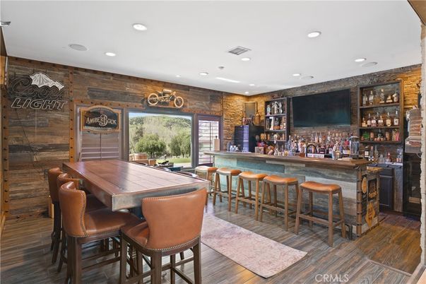 Dining room, Interior, Recessed Lighting, Wood Texture Flooring, Wooden Walls