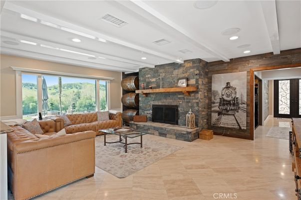 Fireplace, Interior, Living room, Recessed Lighting, Stone Walls, Wooden Walls