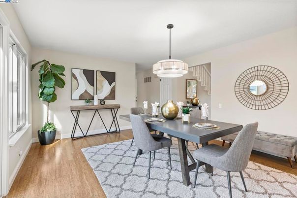 Dining room, Interior, Pendant Lights, Wood Texture Flooring