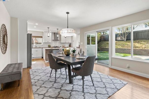 Dining room, Interior, Kitchen, Pendant Lights, Recessed Lighting, Wood Texture Flooring