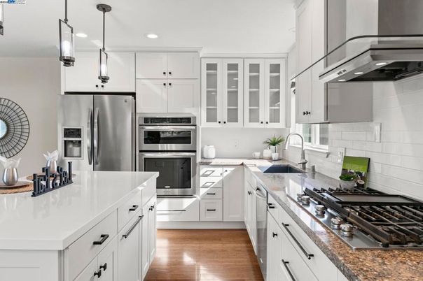 Interior, Kitchen, Pendant Lights, Recessed Lighting, Stainless Steel Appliances, Wood Texture Flooring