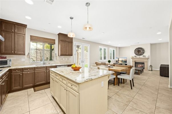 Dining room, Fireplace, Interior, Kitchen, Living room, Pendant Lights, Recessed Lighting