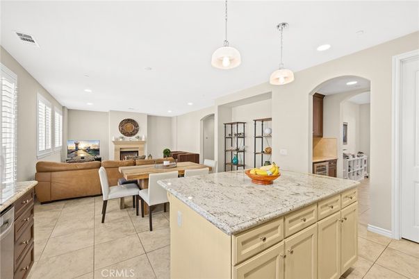Dining room, Fireplace, Interior, Kitchen, Living room, Pendant Lights, Recessed Lighting