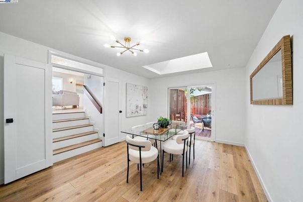 Dining room, Interior, Pendant Lights, Wood Texture Flooring
