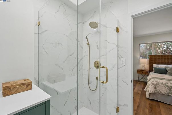 Bathroom, Bedroom, Glass Shower, Interior, Marble Walls, Wood Texture Flooring