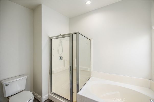 Bathroom, Glass Shower, Interior, Recessed Lighting, Wood Texture Flooring
