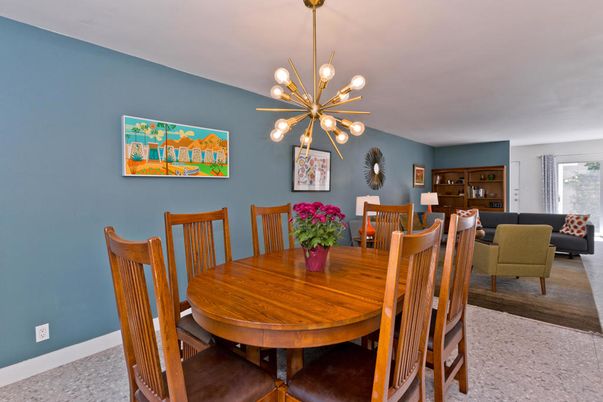 Dining room, Interior, Living room, Pendant Lights, Wood Texture Flooring