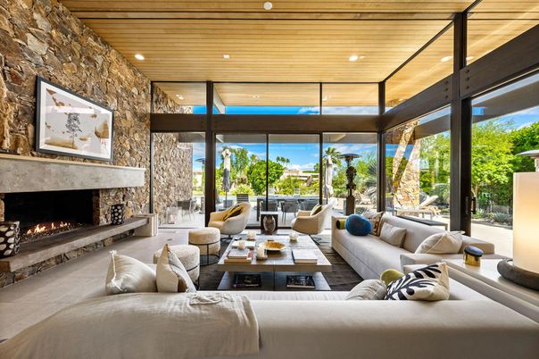 Fireplace, Interior, Living room, Recessed Lighting, Stone Walls, Wooden Ceilings