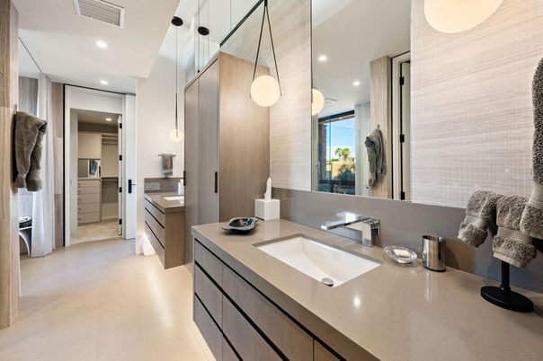 Bathroom, Dual Sink Vanities, Interior, Pendant Lights, Recessed Lighting