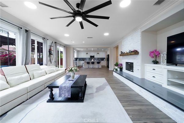 Fireplace, Interior, Kitchen, Living room, Recessed Lighting, Wood Texture Flooring
