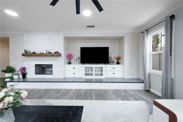 Fireplace, Interior, Recessed Lighting, Wood Texture Flooring