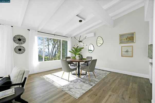 Dining room, Interior, Pendant Lights, Wood Texture Flooring